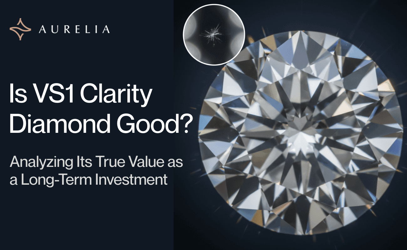 A sparkling round brilliant diamond with a subtly magnified view in the corner revealing a tiny, almost invisible VS1 feather inclusion, set against a dark, moody background to emphasize brilliance and the "eye-clean" nature.