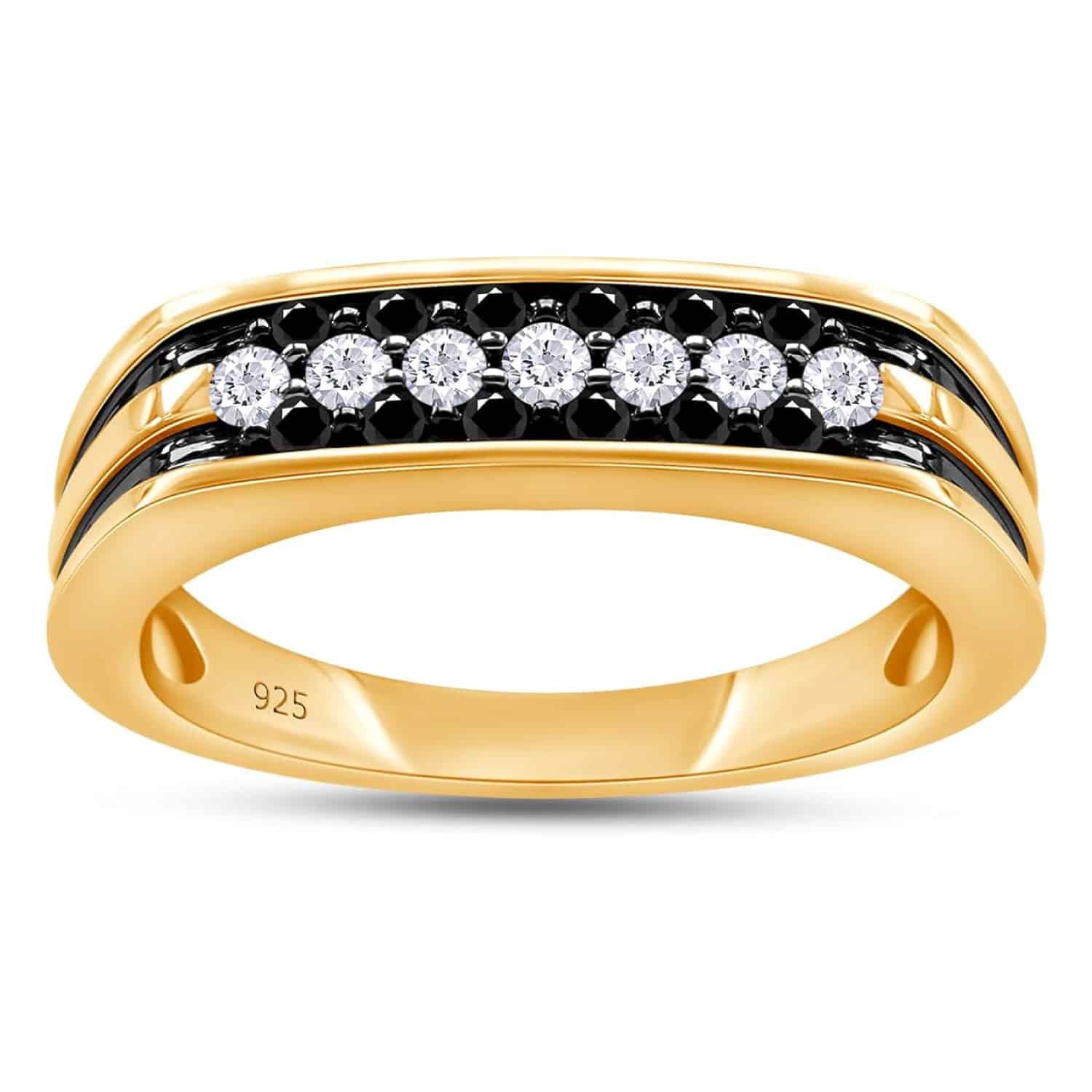 1/2 Carat CTTW Round Cut Black And White Natural Diamond Men's Wedding Band Promise Ring In 14K Gold Over Sterling Silver (0.50 Cttw,I2-I3 Clarity)