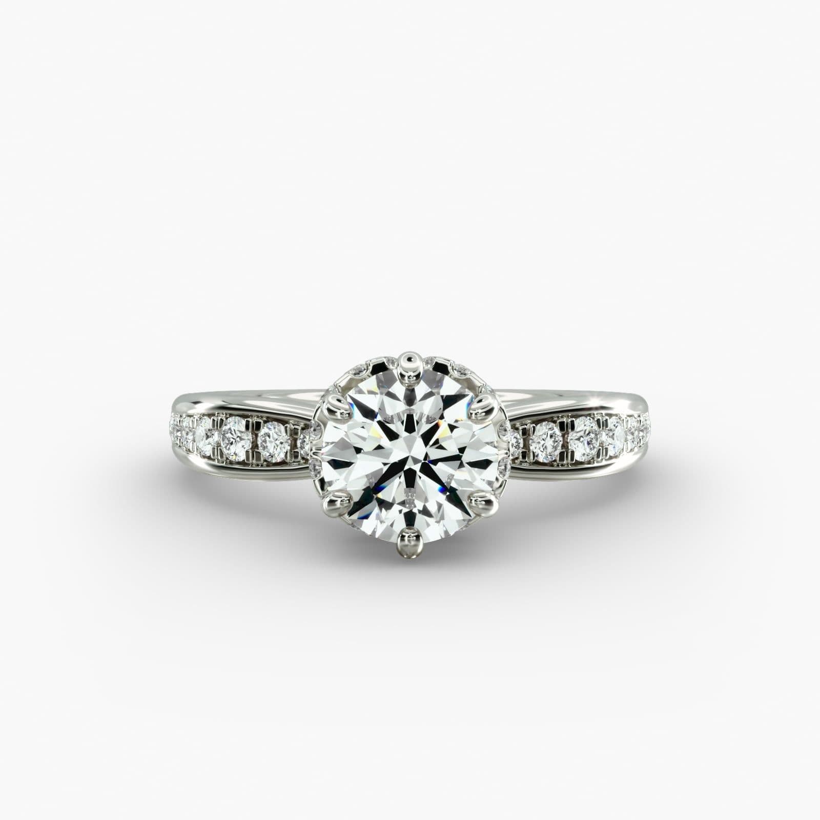 Discover the stunning 6 prong pave hidden halo three stone ring in 14K white gold, featuring 30 round diamonds in a timeless design.