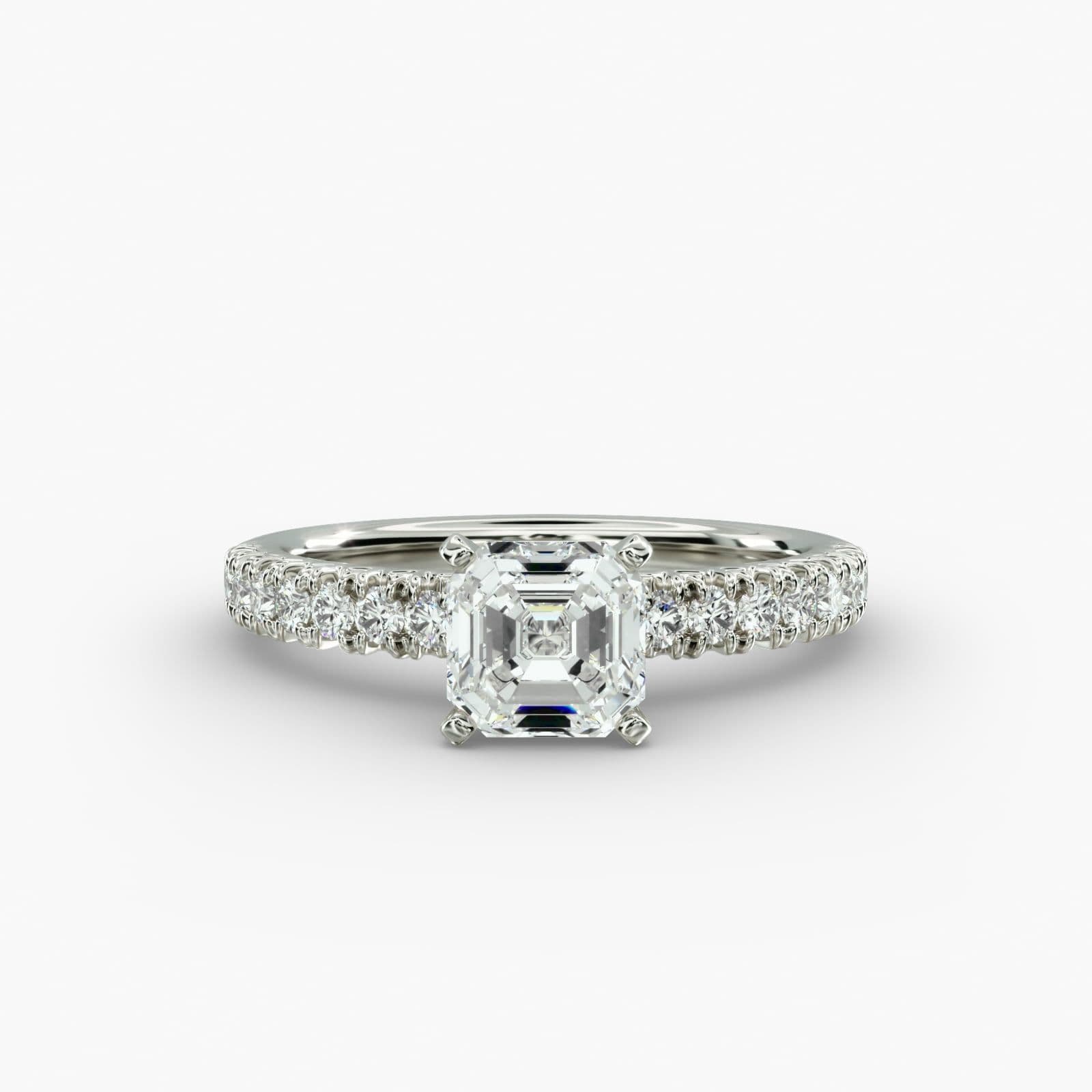 Discover the elegant asscher kite with prongs on sides ring in 14K white gold, featuring 16 round diamonds in a stunning pave setting.