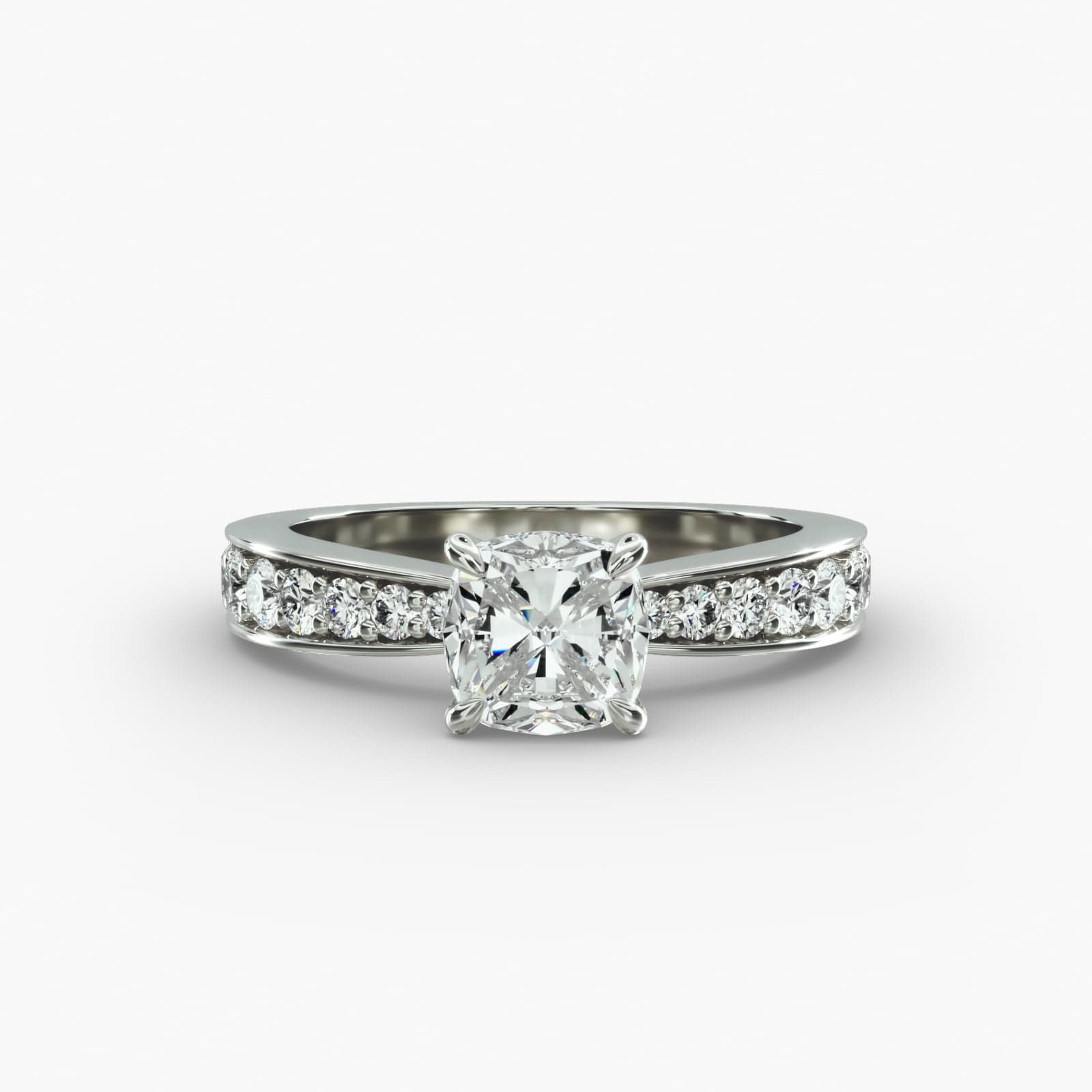Close-up, high-magnification image of the GIA 5.02 carat E-FL cushion modified diamond ring on a white background, showcasing the "Ideal Cut" and flawless clarity of the center stone.
