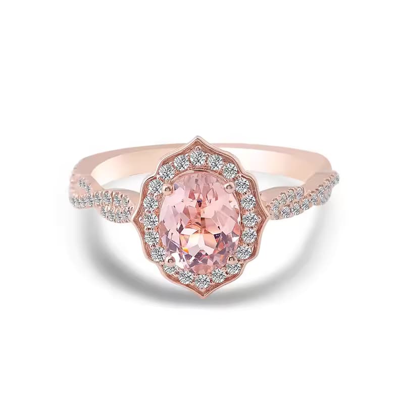 Modified Sakura Cut Moissanite Engagement Ring in solid gold with oval cut Sakura Pink and round DEF VVS moissanites.