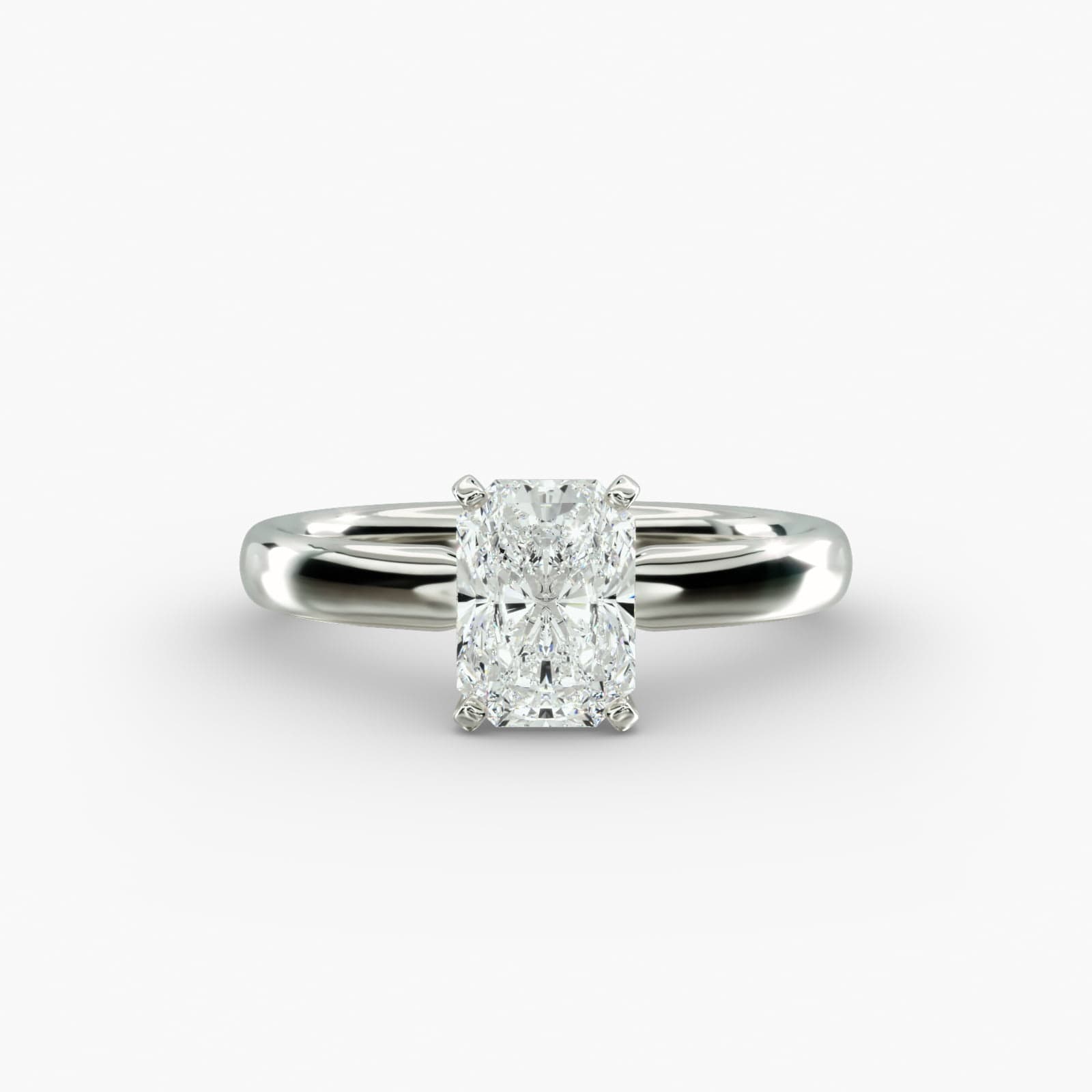 A close-up side view of a 5 ct radiant cut diamond ring, showcasing the durable 2.50mm Platinum Comfort Fit band.