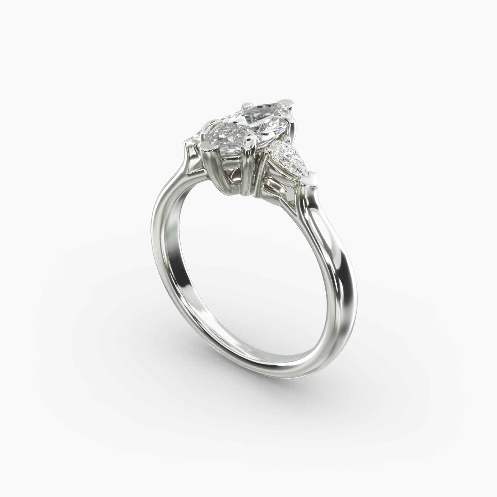 A close-up view of a marquise diamond ring with pear-shaped accents, highlighting the elongated 2.21 ratio and IF clarity.