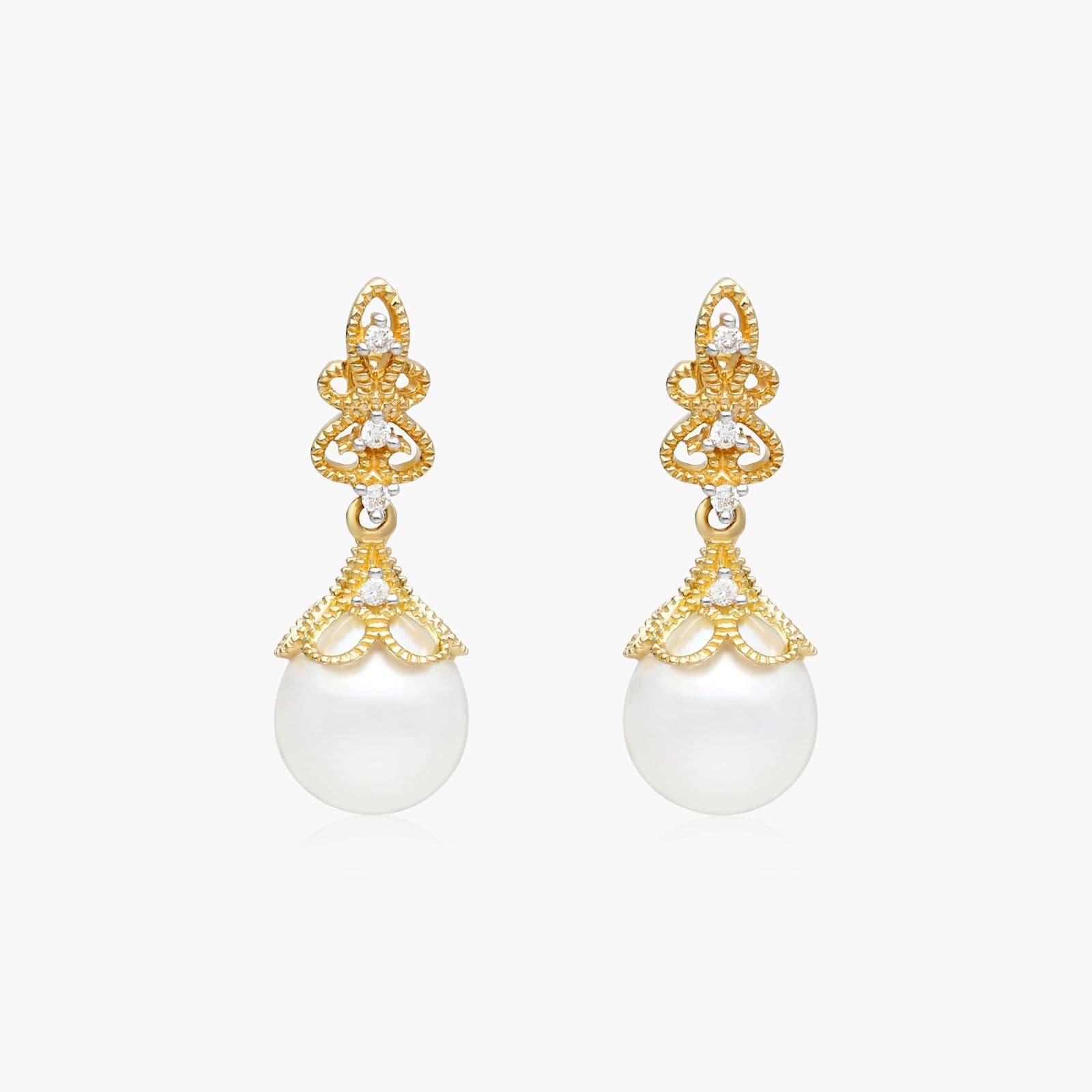 Vintage Inspired Freshwater Pearl (9.0-9.5mm) and Diamond Drop Earrings (0.10 CTW) in 14K Yellow Gold, a sophisticated choice among Luxury Push Present Ideas.