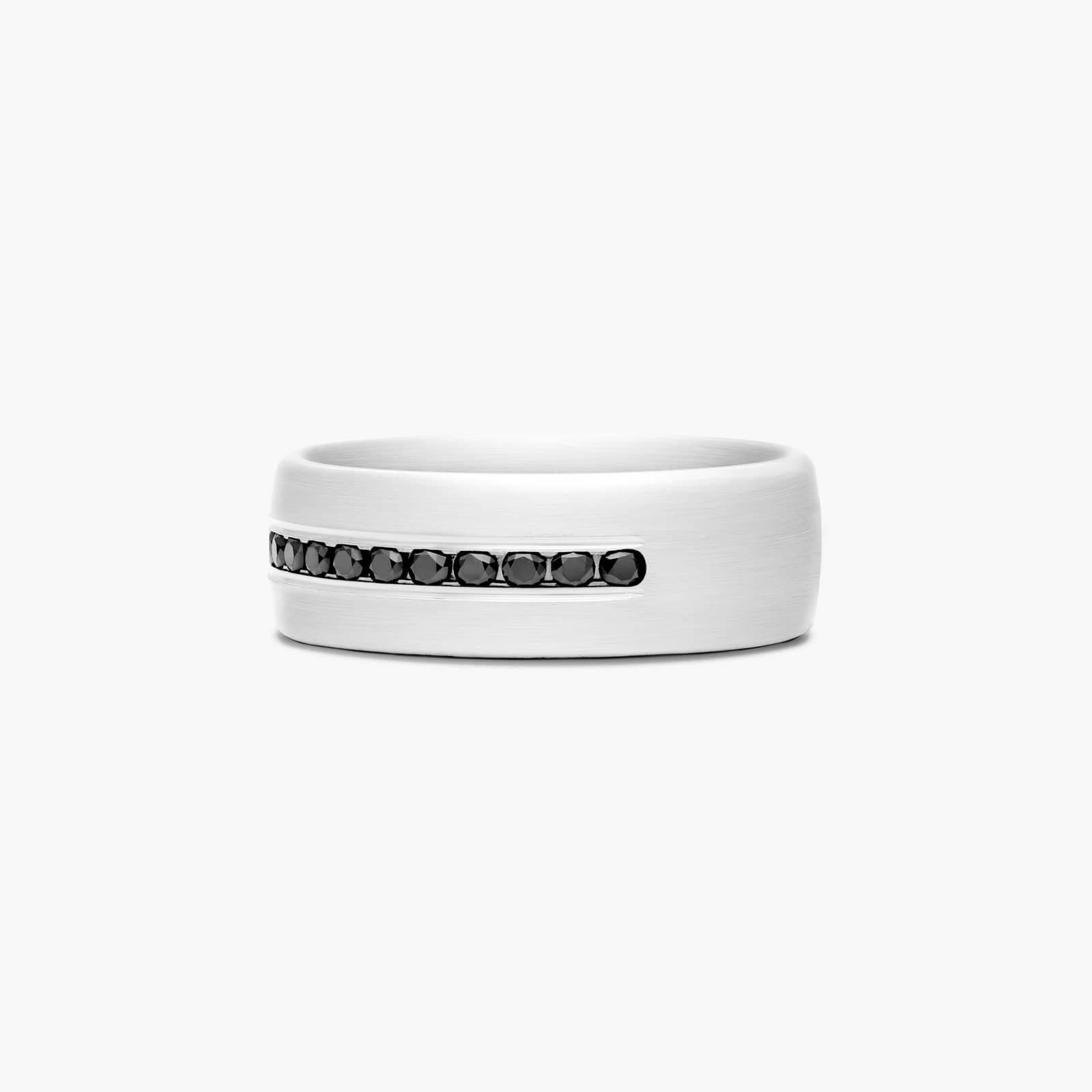 A Comfort Fit Mens White Gold Black Diamond Wedding Bands (7.50mm) in 18K White Gold with 0.40 CTW channel-set Black Diamonds.