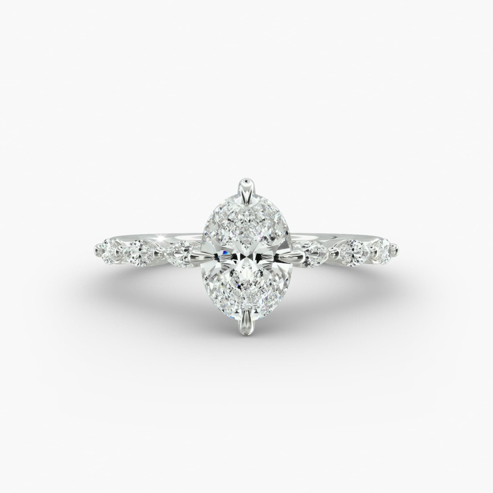14K white gold marquise sidestone engagement rings under $2,500 featuring a 1 carat oval lab grown diamond and 0.30 CTW marquise accents.