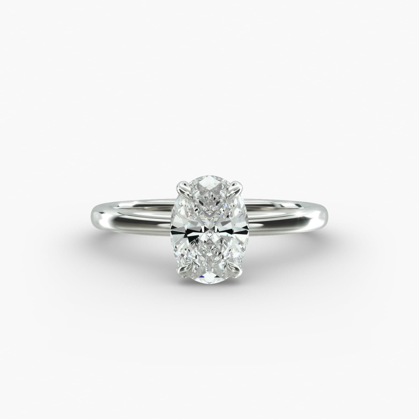 14K white gold oval solitaire engagement rings under $2,500 featuring a 1.5 carat colorless VS clarity lab grown diamond with a 2.00mm flush fit band.