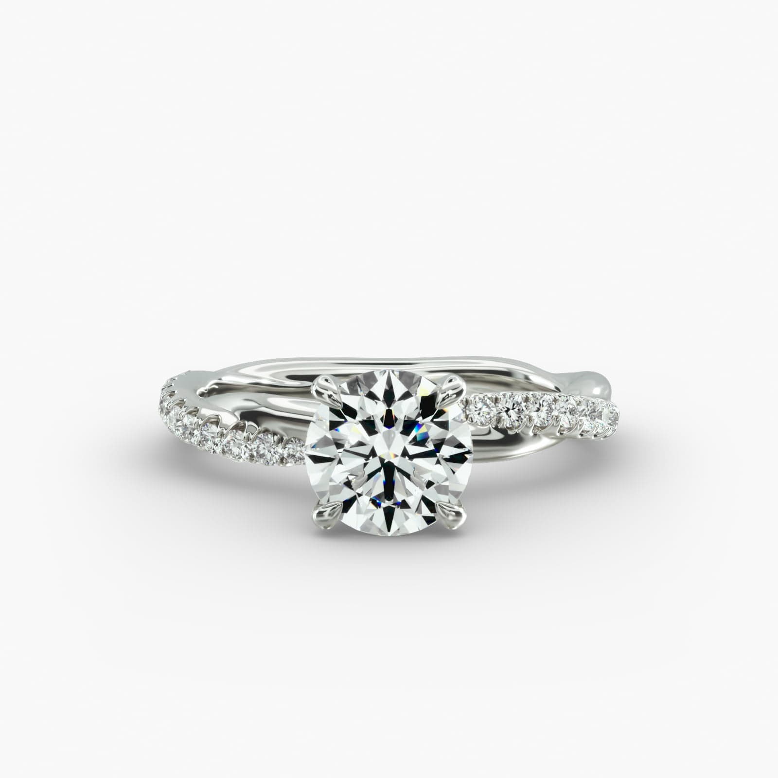 Platinum pavé rope engagement rings under $2,500 featuring a 1 carat round lab grown diamond and 24 interwoven natural diamonds on a 2.90mm band.